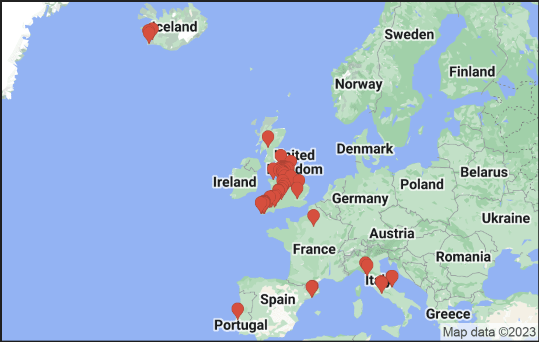 2022 travel map from Google Maps showing the countries and places I visited