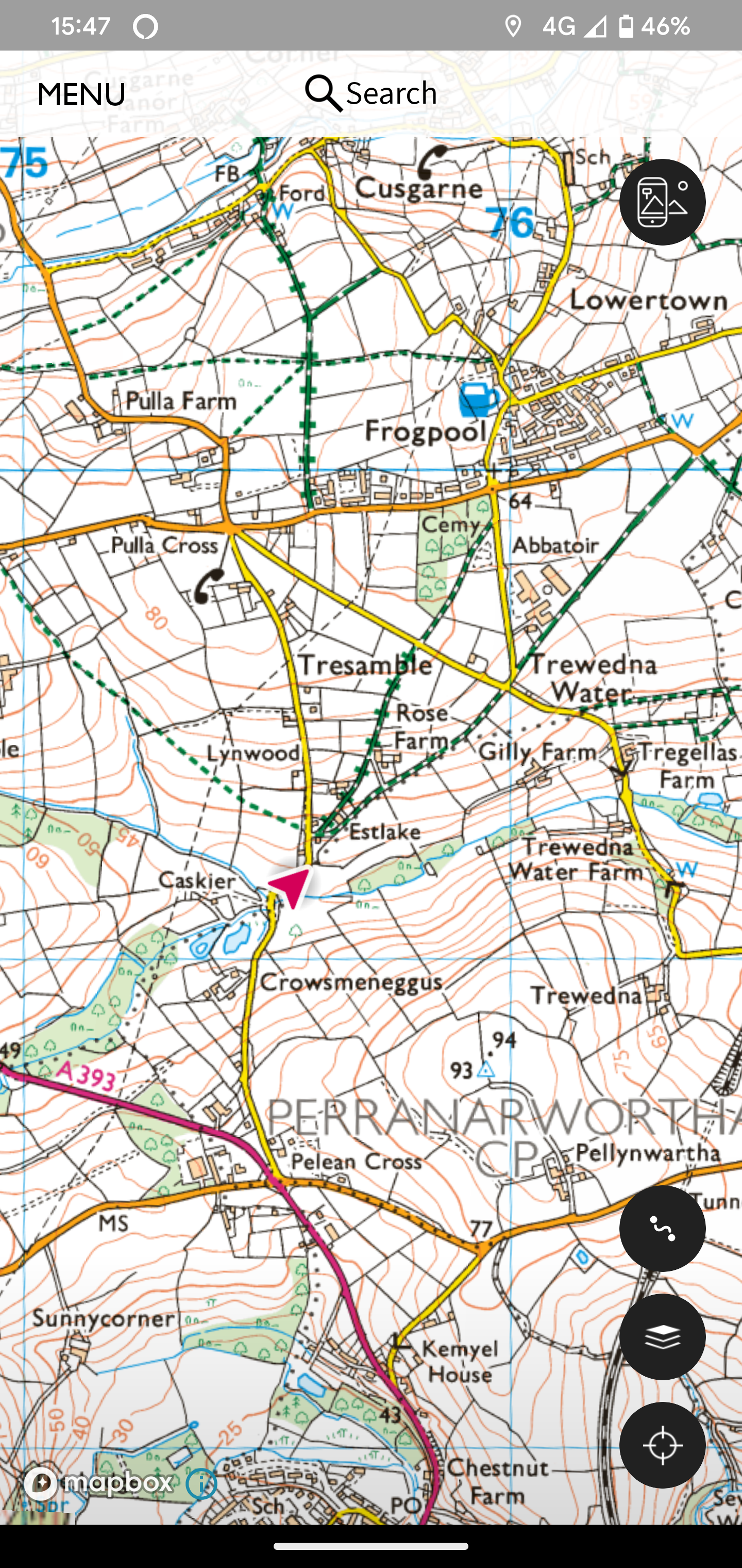 an OS map showing my position in Cornwall