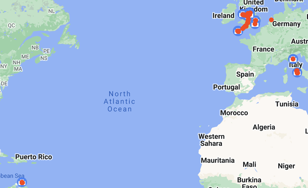 2023 travel map from Google Maps showing the countries and places I visited
